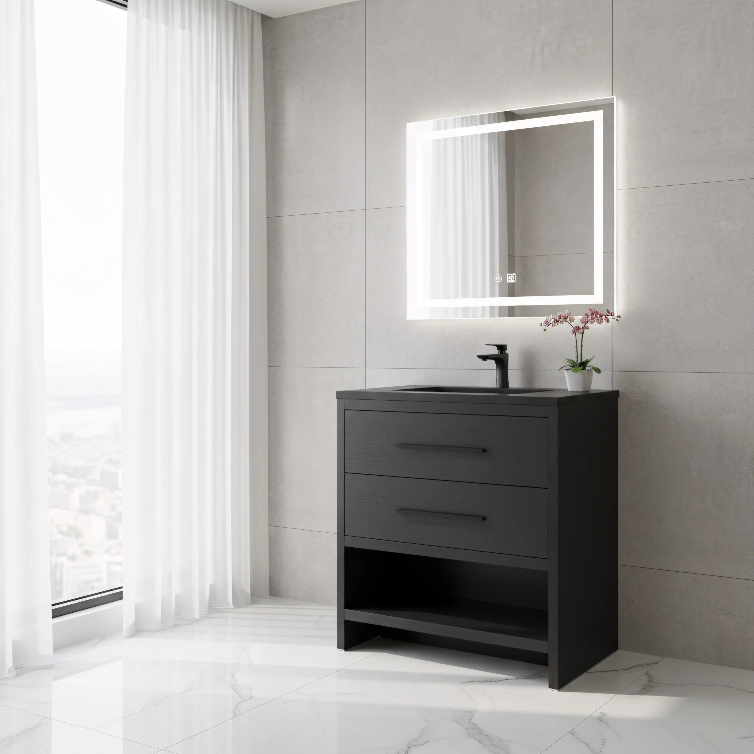 30" Black Oak Freestanding Single Sink Bathroom Vanity with Black Engineered Quartz Countertop