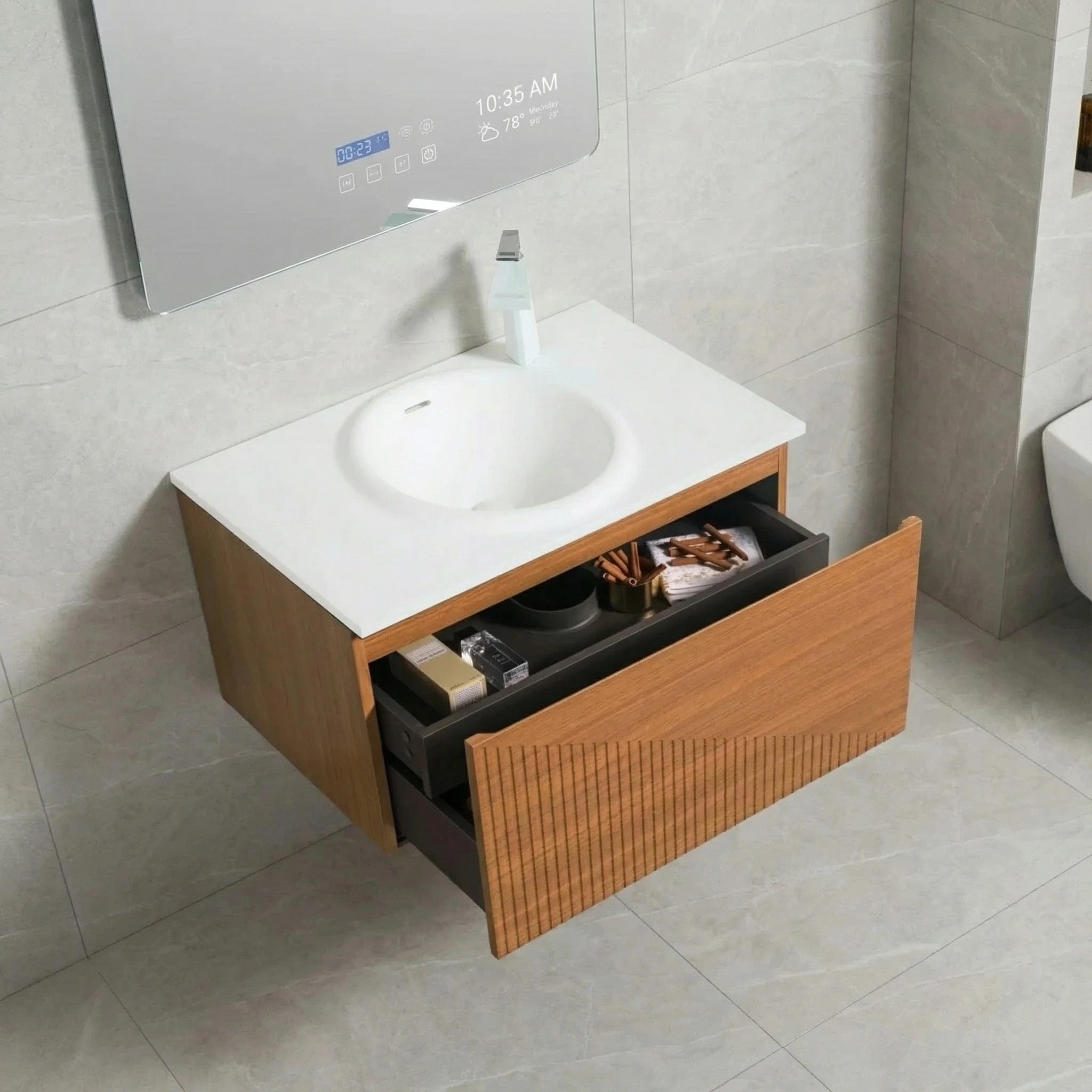 36" Light Oak Wall Mount Bathroom Vanity with White Solid Surface Countertop
