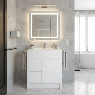 30" Matte White Freestanding Bathroom Vanity with White Ceramic Countertop