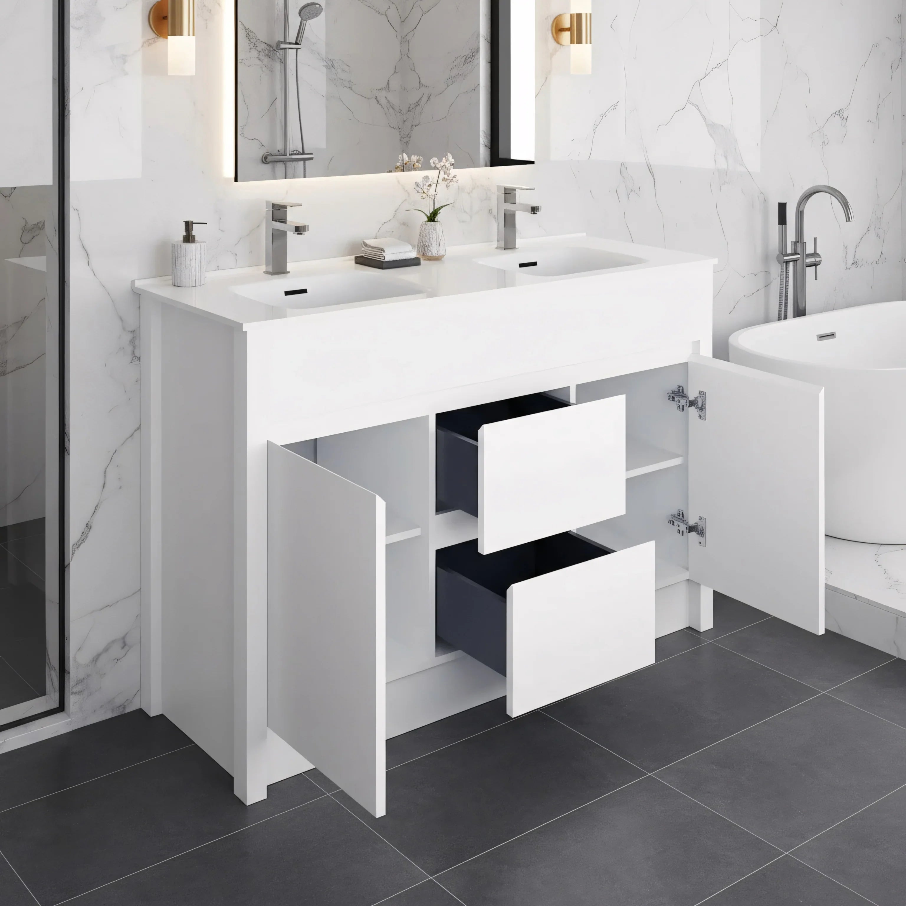 Meuble-Lavabo Autoportant 48po Blanc Mat avec Comptoir de Céramique Blanc