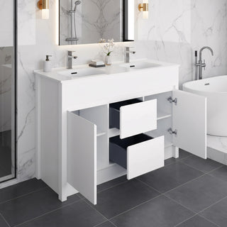 48" Matte White Freestanding Double Sink Bathroom Vanity with White Ceramic Countertop