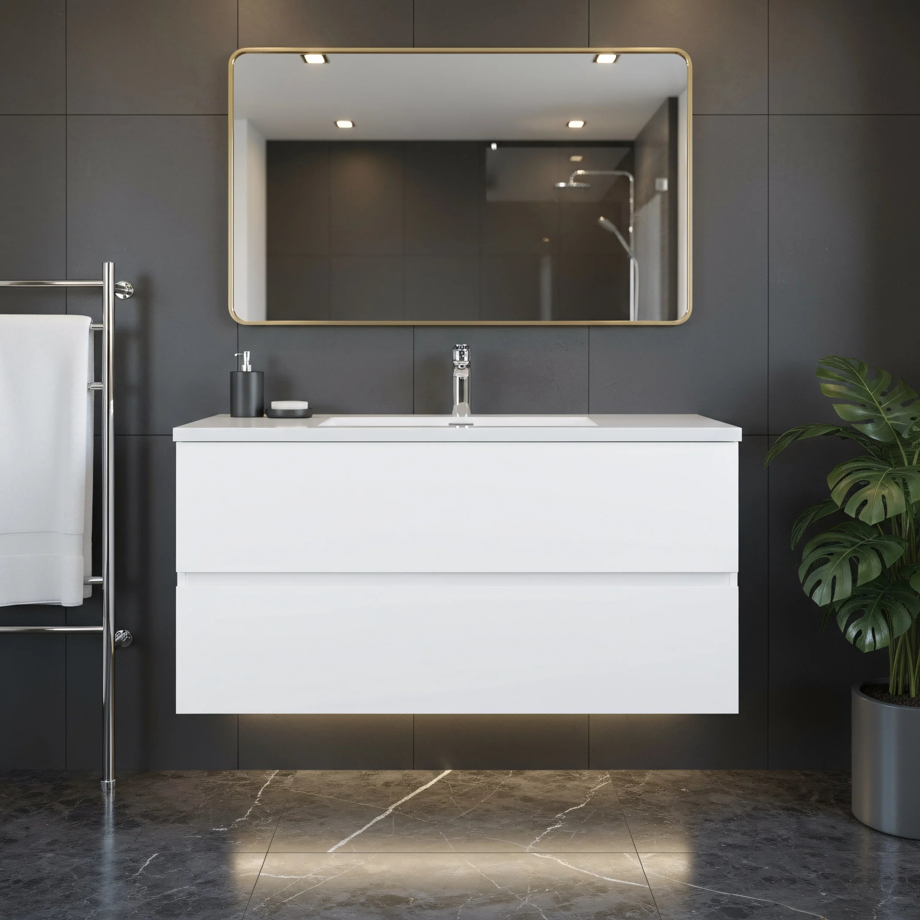 Meuble Lavabo Mural Blanc 40po avec Comptoir en Polymarbre