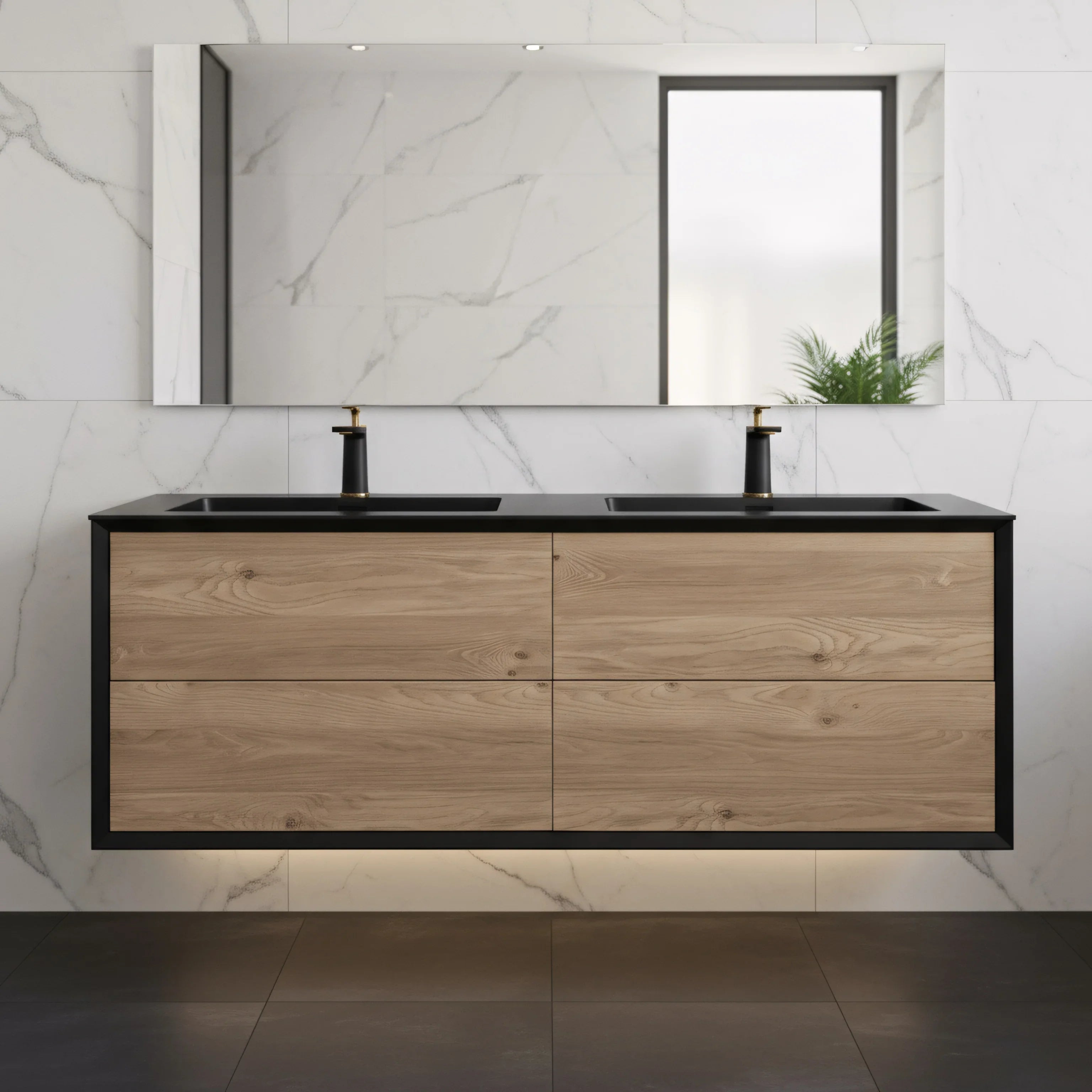 60" Black & Rough Oak Wall Mount Double Sink Bathroom Vanity with Black Engineered Quartz Countertop