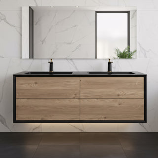 60" Black & Rough Oak Wall Mount Double Sink Bathroom Vanity with Black Engineered Quartz Countertop