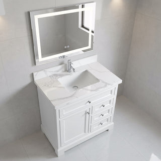 36" White Freestanding Single Sink Bathroom Vanity with Calcutta Quartz Countertop