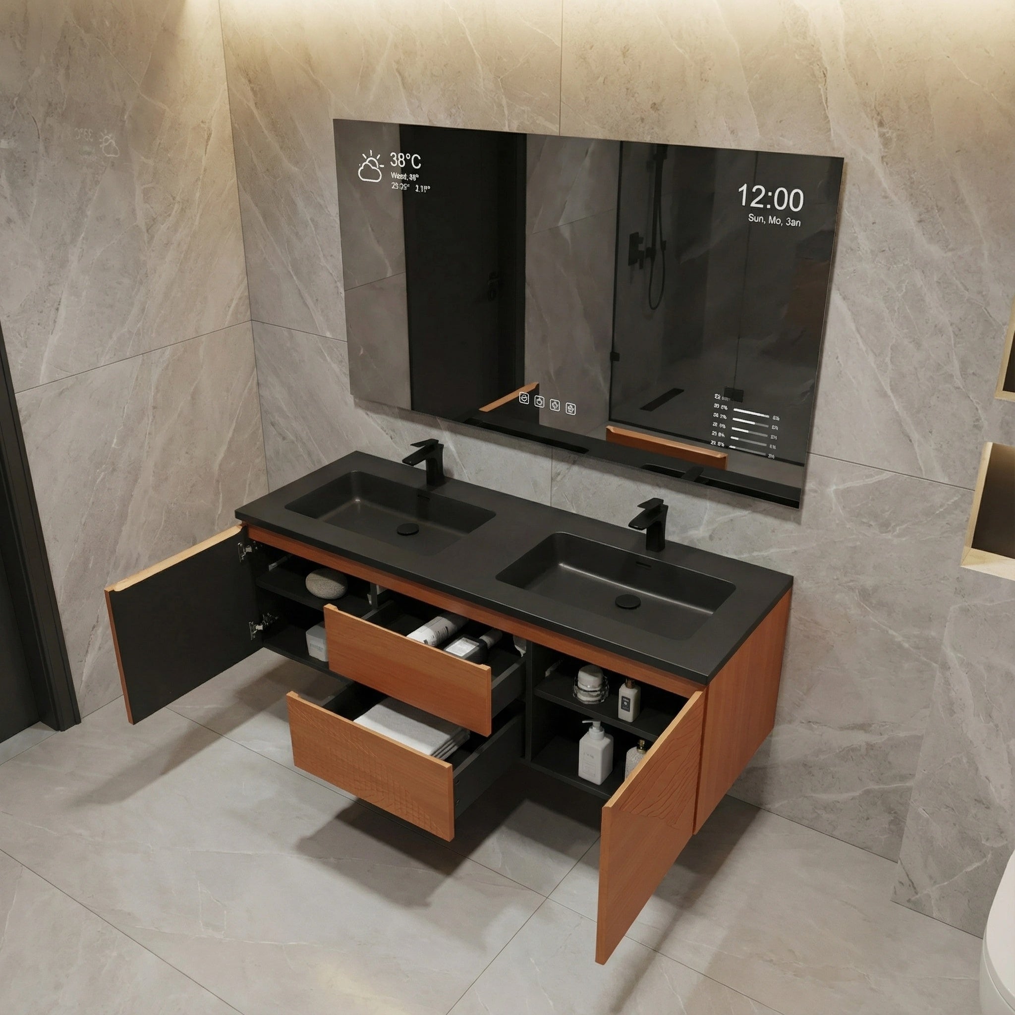 60" Light Oak Wall-Mounted Double Sink Bathroom Vanity with Black Engineered Quartz Countertop