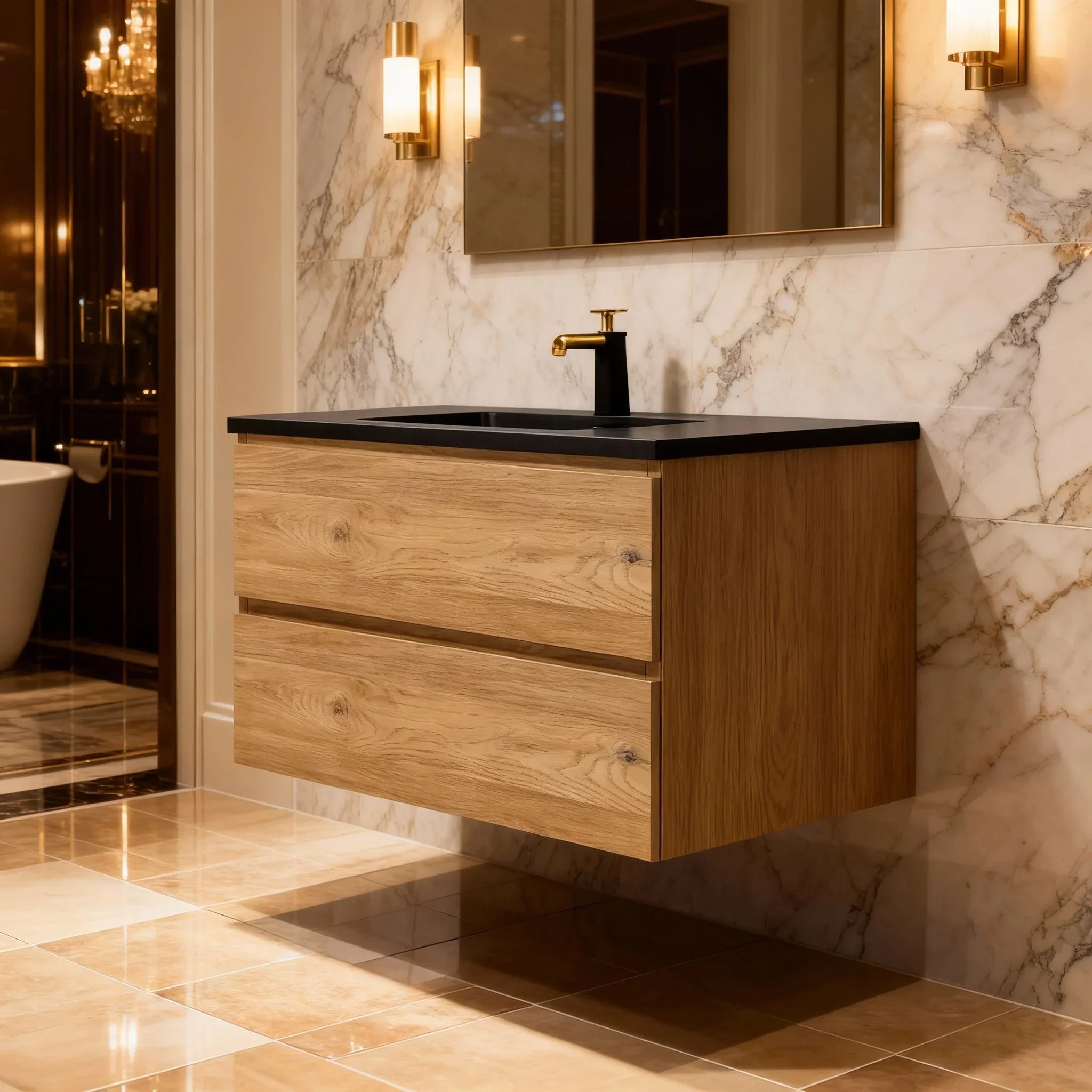 Meuble-Lavabo Mural 36po Chêne Brut avec Comptoir de Quartz d'ingénierie Noir