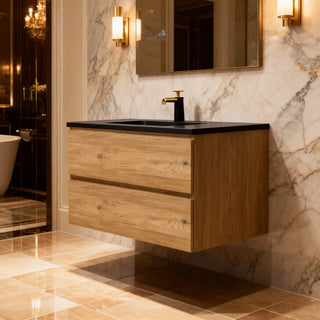 Meuble-Lavabo Mural 36po Chêne Brut avec Comptoir de Quartz d'ingénierie Noir