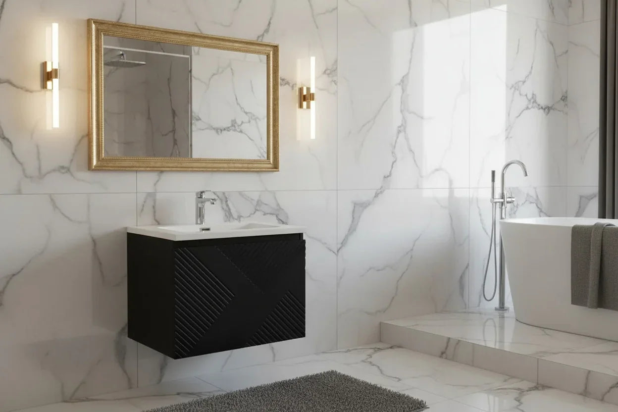 Meuble-lavabo mural noir 24" avec Comptoir en polymarbre blanc