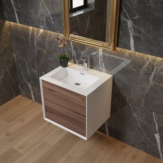 24" Walnut Wall Mount Vanity with White Polymarble Countertop