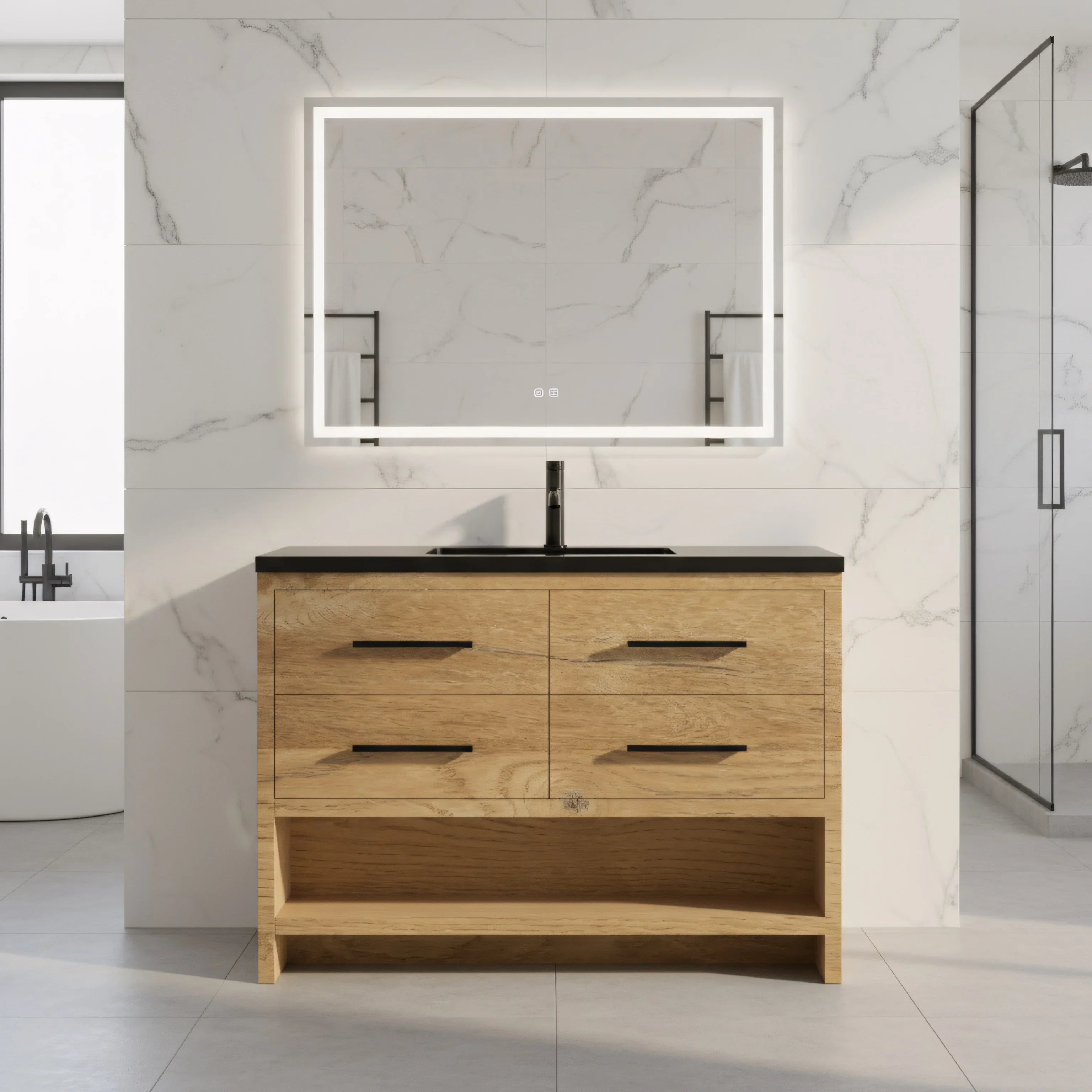 48" Rough Oak Freestanding Bathroom Vanity with Black Engineered Quartz Countertop