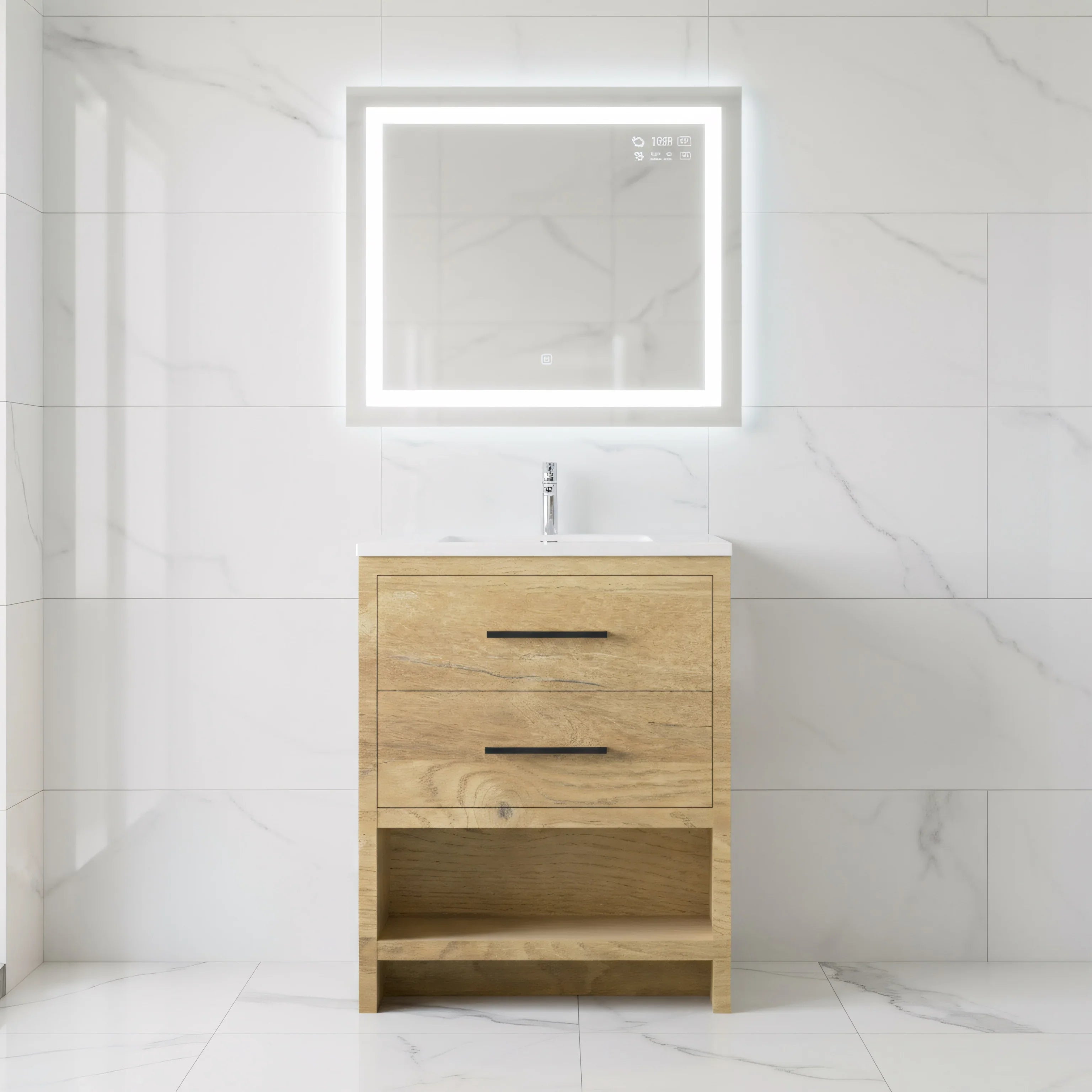 Meuble-lavabo Autoportant 24 po Chêne Brut avec Comptoir en Polymarbre Blanc