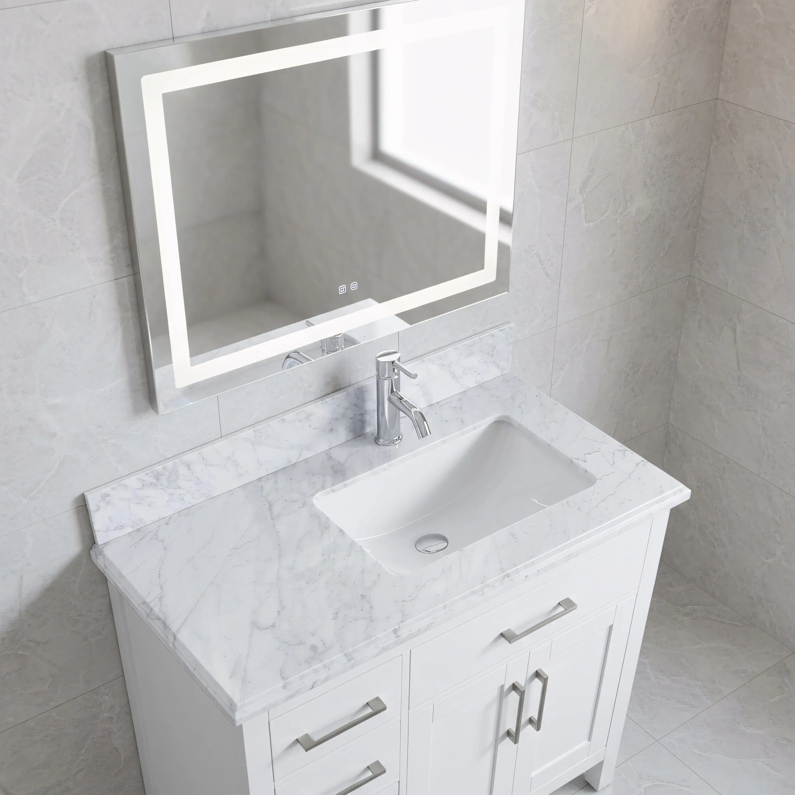 36" White Freestanding Single Sink Bathroom Vanity with Carrera Marble Countertop