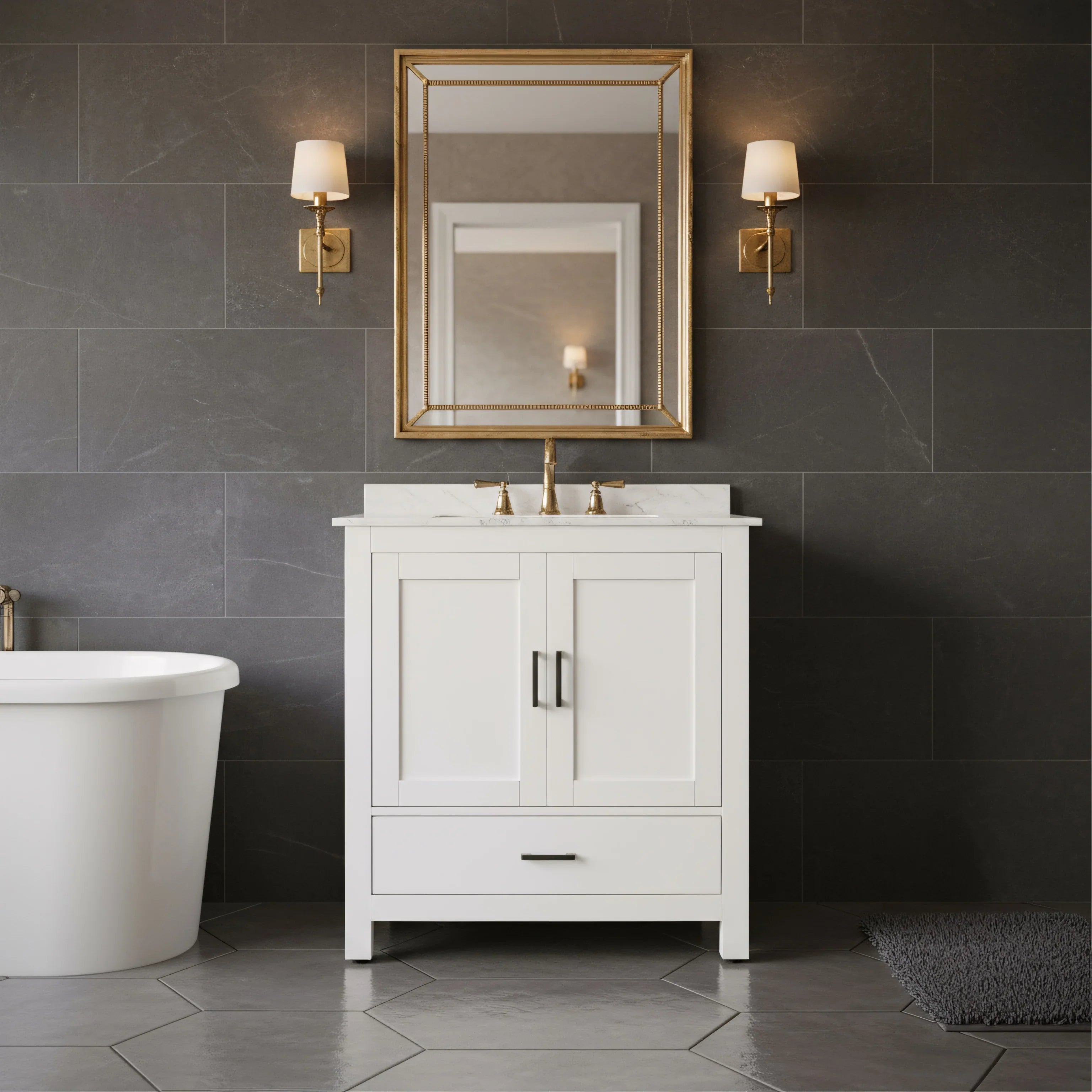 30" White Freestanding Single Sink Bathroom Vanity with Engineered Calcutta Marble Countertop