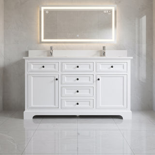 Meuble-Lavabo Autoportant 60po Blanc avec Comptoir de Quartz Blanc Solide