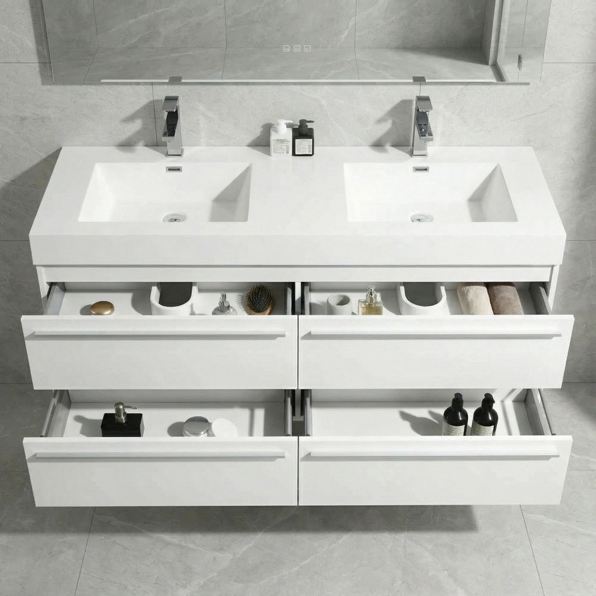 Meuble-Lavabo Mural Blanc de 60 po avec Comptoir en Polymarbre Blanc