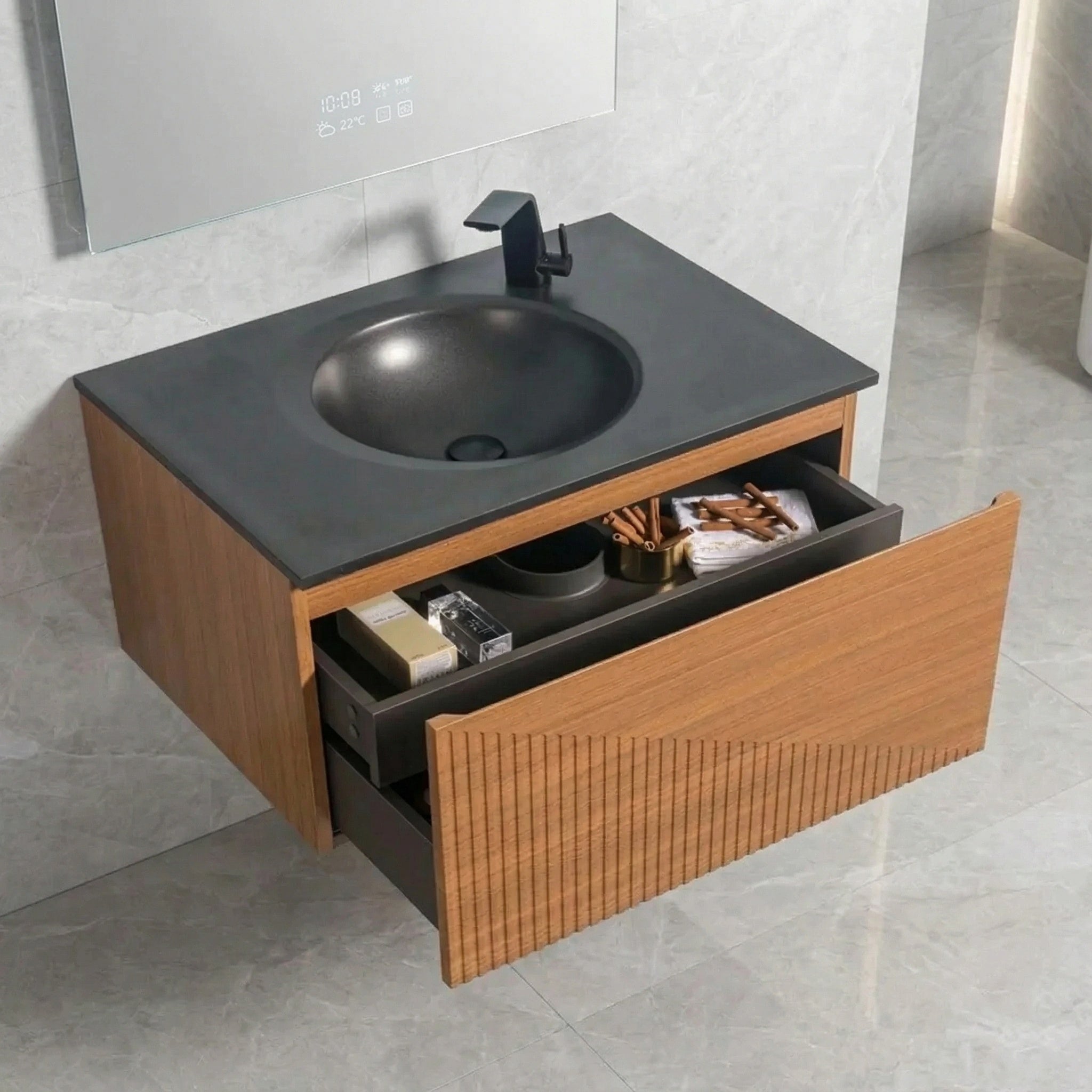 Meuble-Lavabo Mural 36po Chêne Clair avec Comptoir de Quartz d'ingénierie Noir