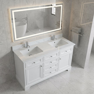 60" White Freestanding Double Sink Bathroom Vanity with Engineered Calcutta Marble Countertop