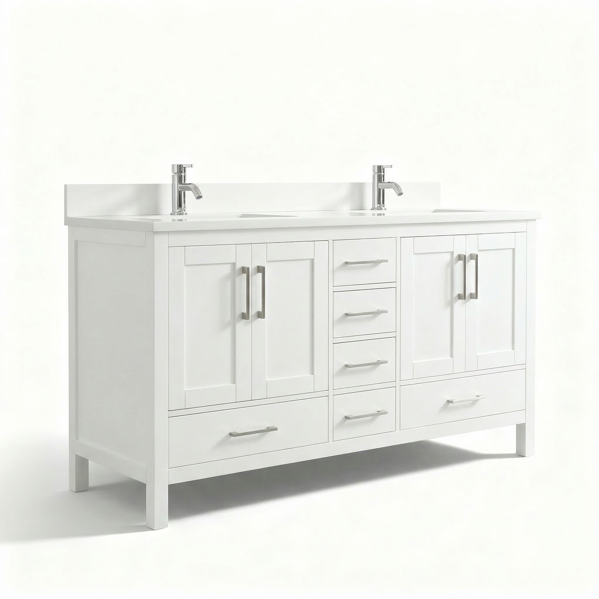 60" White Freestanding Double Sink Bathroom Vanity with Engineered White Marble Countertop