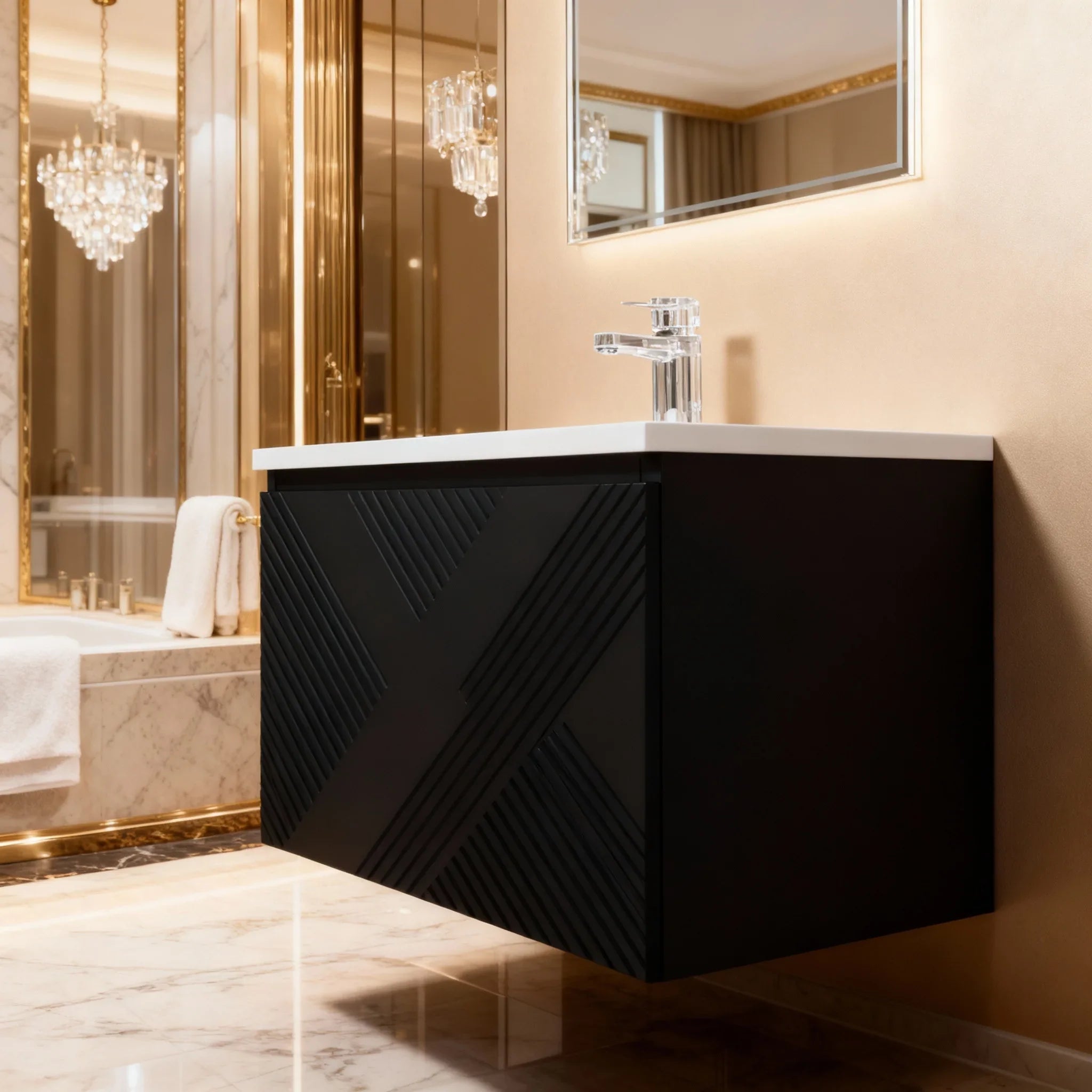 30" Black Wall Mount Bathroom Vanity with White Polymarble Countertop