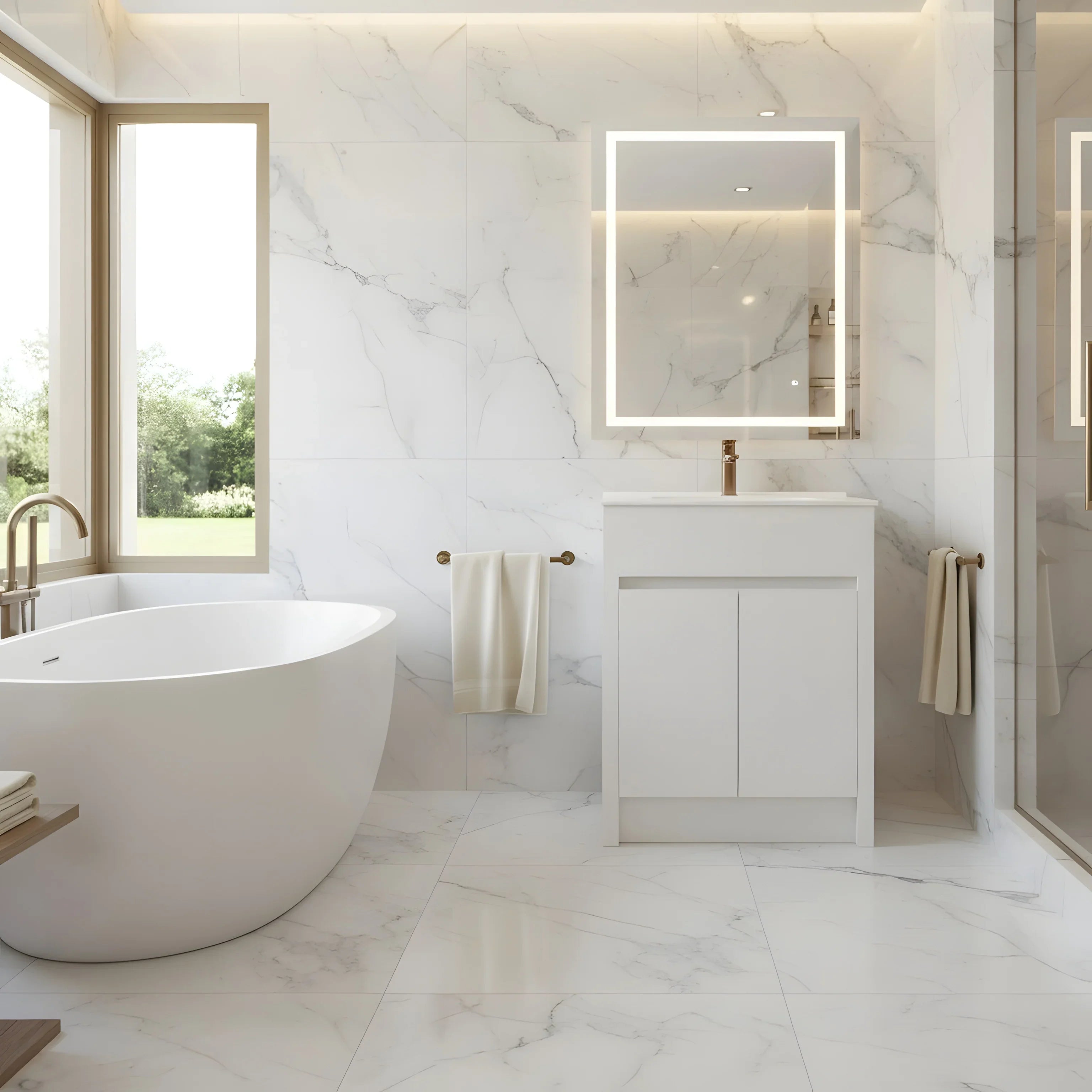 Meuble-Lavabo Autoportant 24po Blanc Mat avec Comptoir de Céramique Blanc