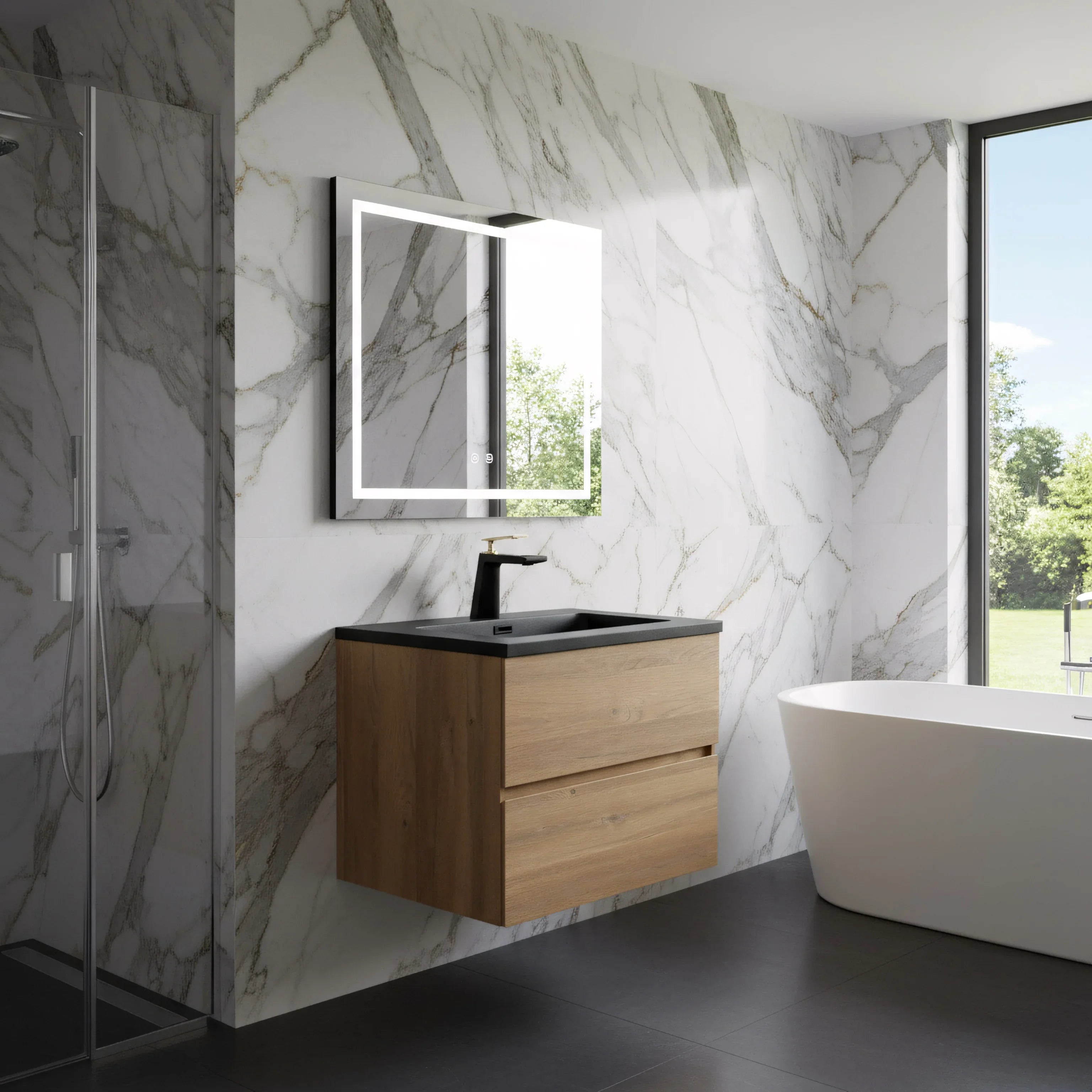 Meuble-Lavabo Mural 24po Chêne Brut avec Comptoir de Quartz d'ingénierie Noir