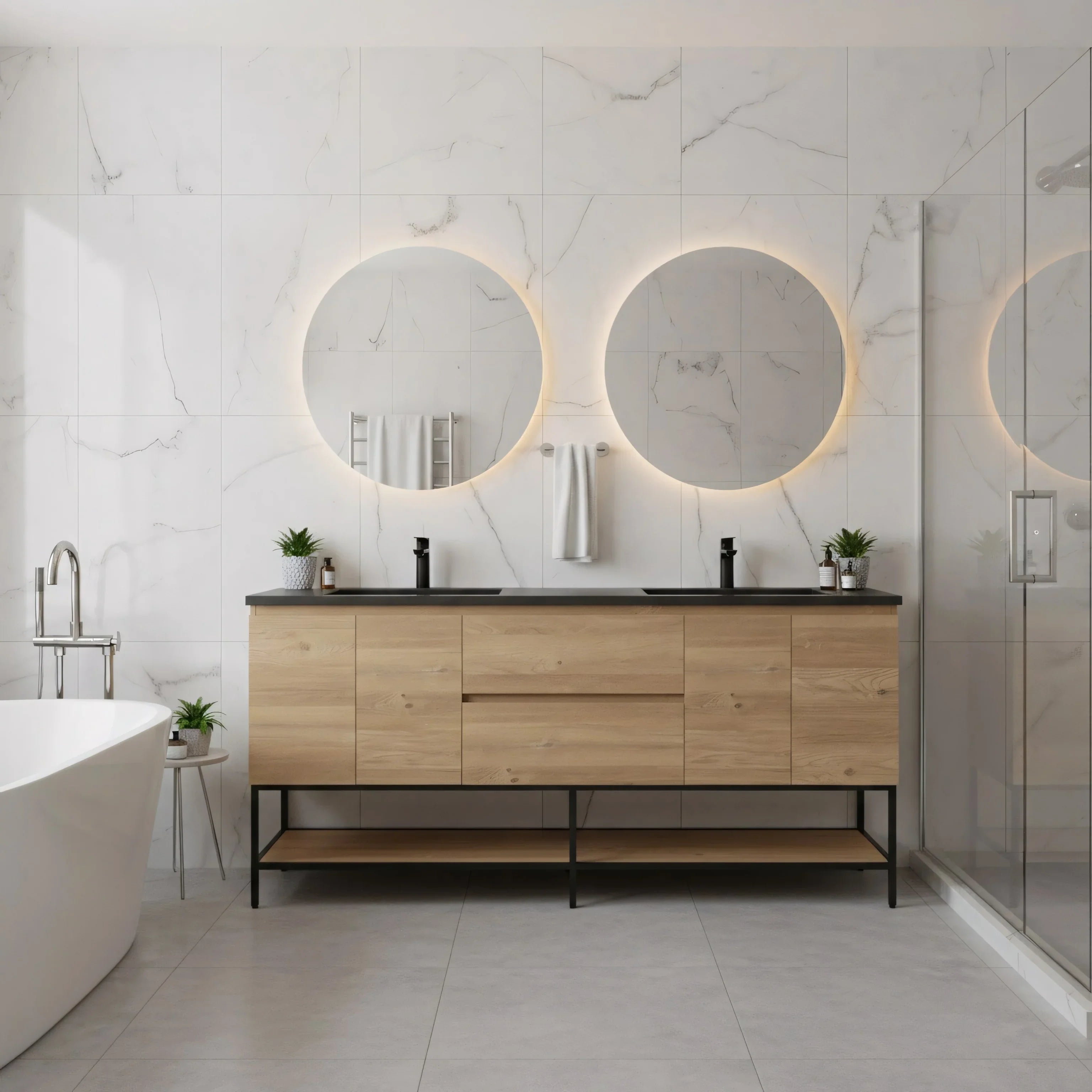 Meuble-Lavabo 72po Chêne Brut avec Comptoir de 72 Quartz Noir Lavabo Double