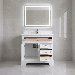 36" White Freestanding Single Sink Bathroom Vanity with Calcutta Quartz Countertop