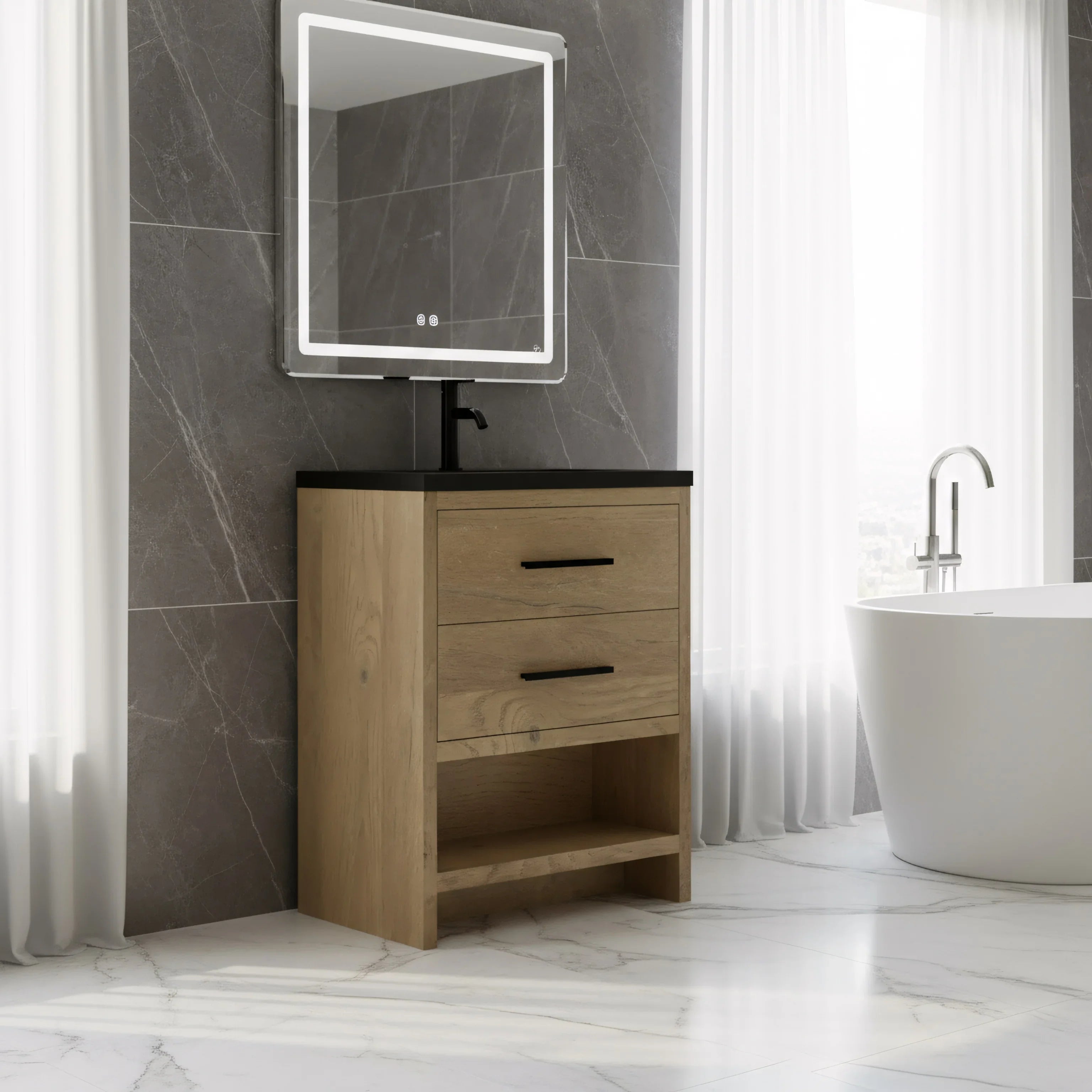 Meuble-lavabo Autoportant 24 po Chêne Brut avec Comptoir en Quartz Noir d’Ingénierie