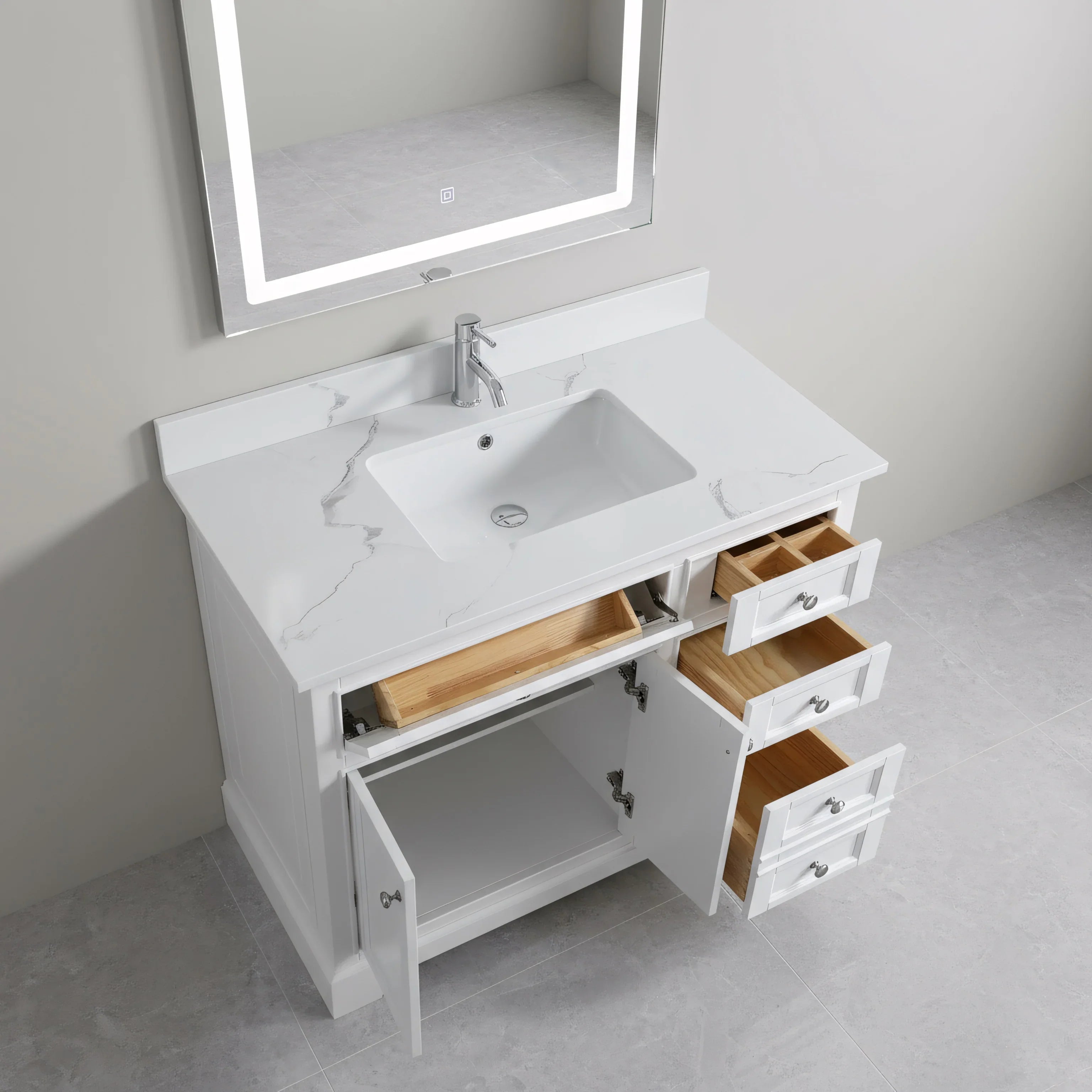 42" White Freestanding Single Sink Bathroom Vanity with Engineered Calcutta Marble Countertop