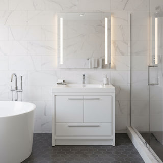 Meuble-Lavabo Autoportant 36po Blanc Brillant avec Comptoir de Polymarbre Blanc 