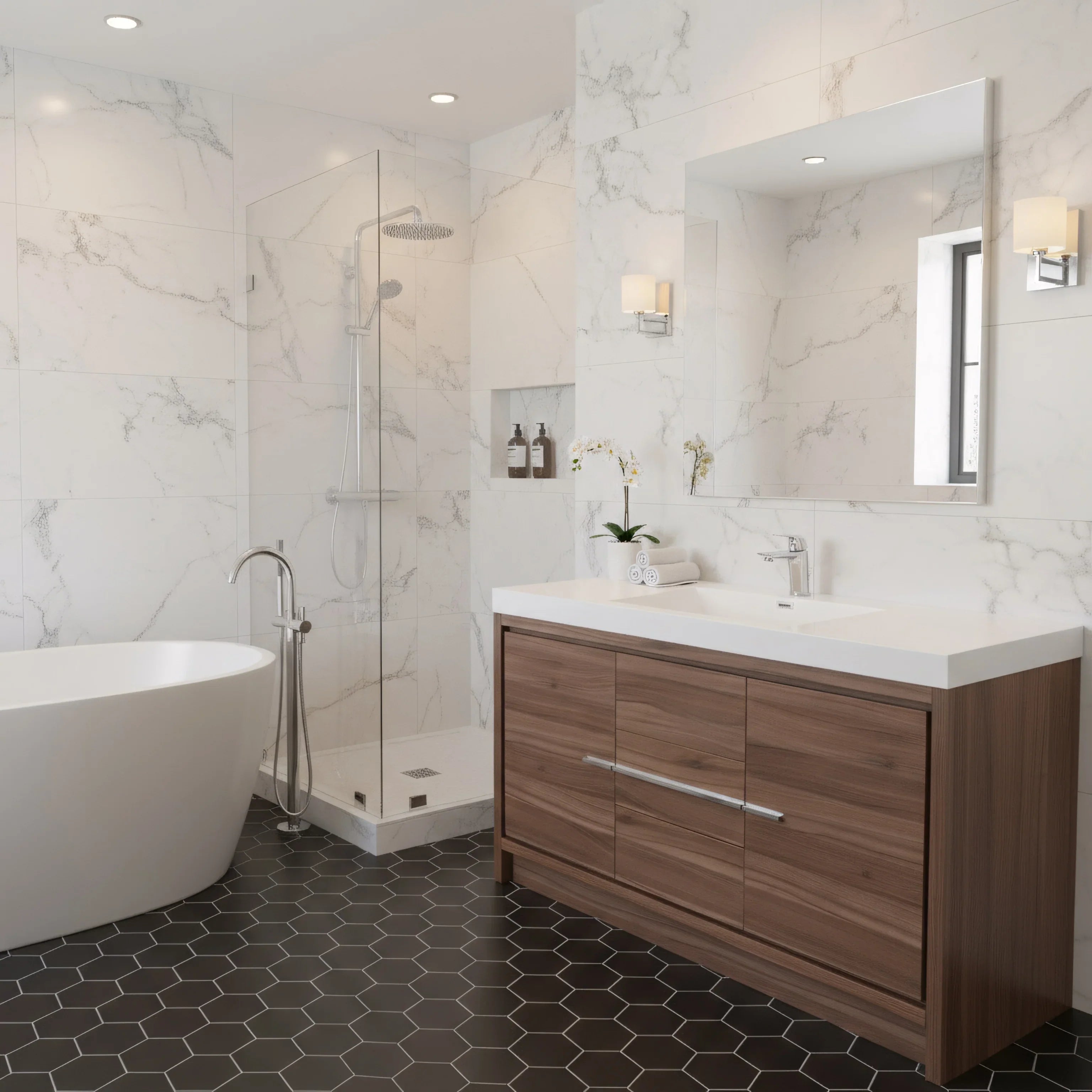 60" Walnut Freestanding Single Sink Bathroom Vanity with White Polymarble Countertop