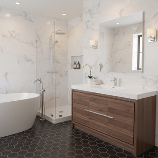 60" Walnut Freestanding Single Sink Bathroom Vanity with White Polymarble Countertop