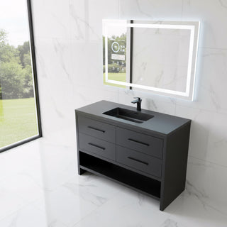 48" Black Rough Oak Freestanding Bathroom Vanity with Black Engineered Quartz Countertop
