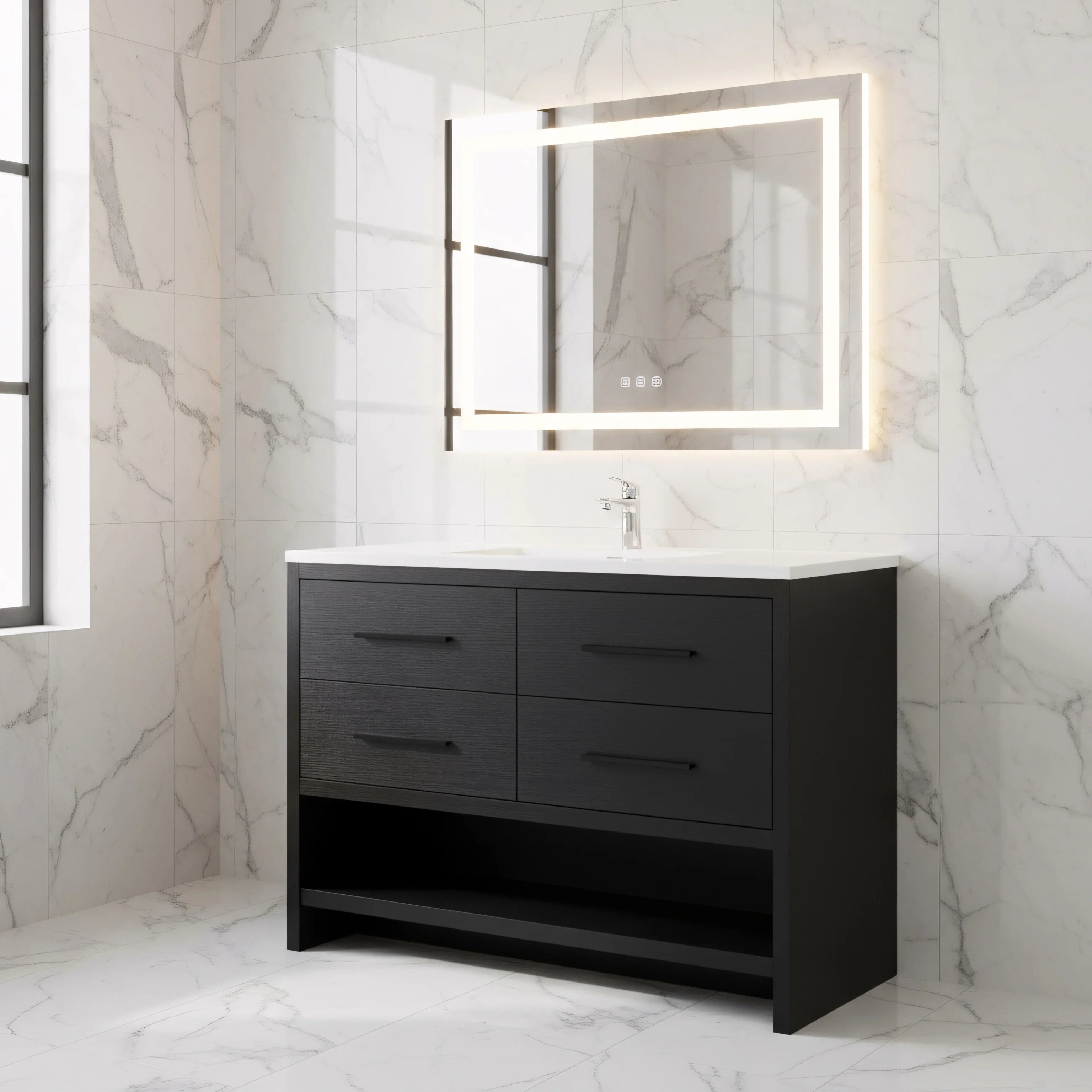 Meuble-lavabo autoportant noir en chêne brut de 48" avec Comptoir en polymarbre blanc