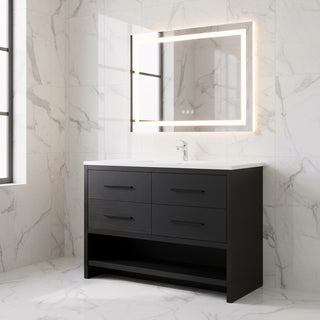 48" Black Rough Oak Freestanding Bathroom Vanity with White Polymarble Countertop