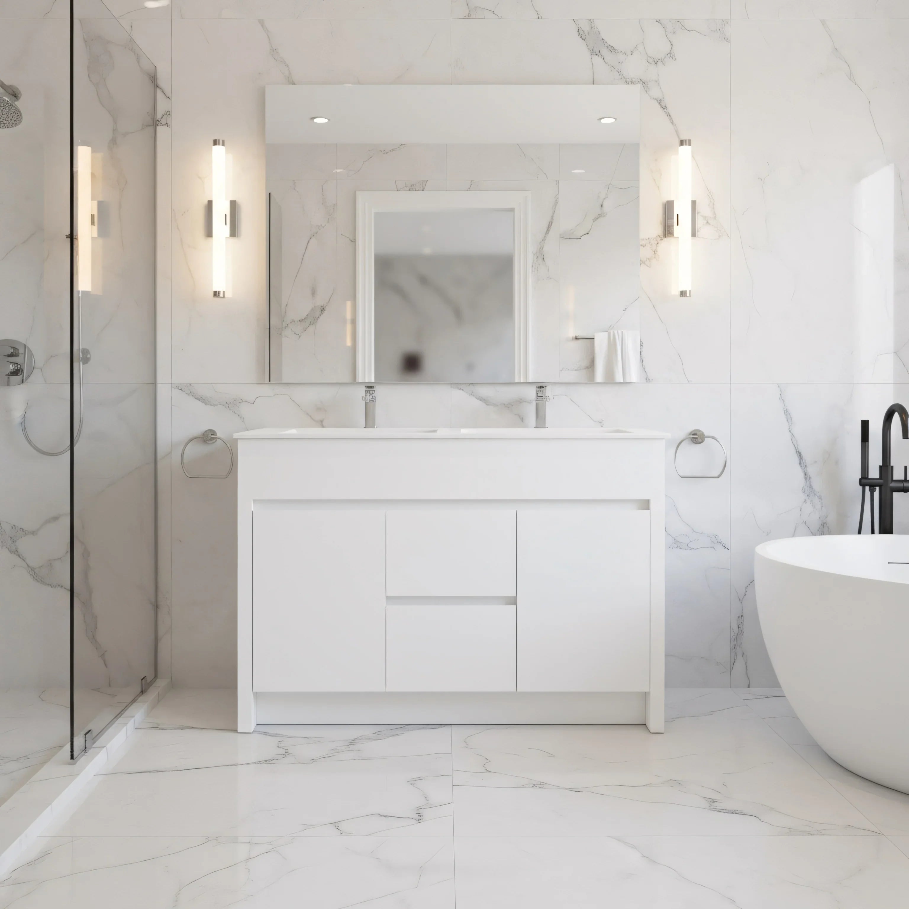 Meuble-Lavabo Autoportant 48po Blanc Mat avec Comptoir de Céramique Blanc