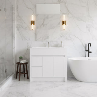 40" Matte White Freestanding Single Sink Bathroom Vanity with White Ceramic Countertop