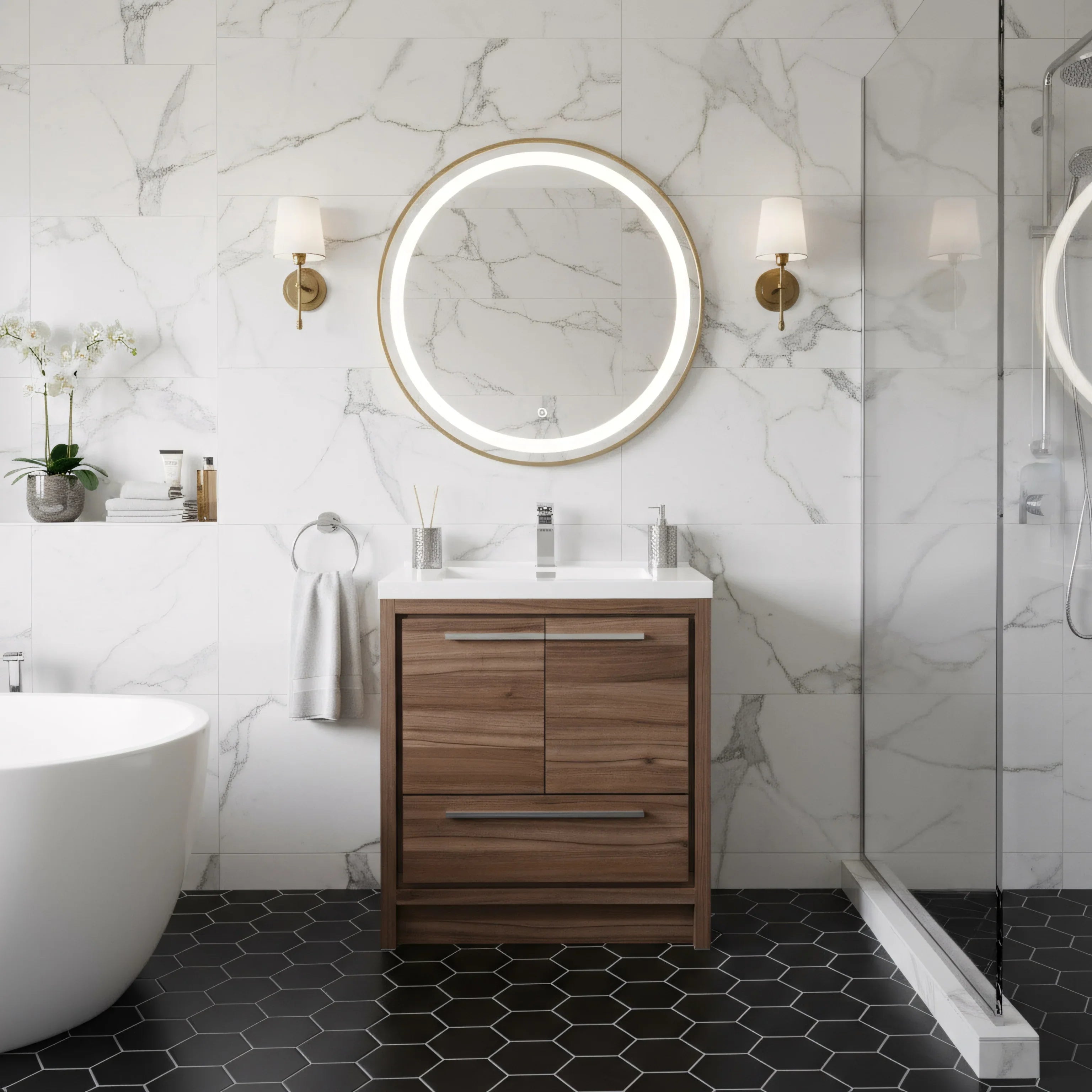 Meuble-Lavabo Autoportant 30po Noyer avec Comptoir de Polymarbre Blanc 