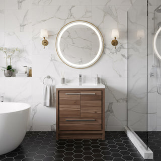 30" Walnut Freestanding Bathroom Vanity with White Polymarble Countertop