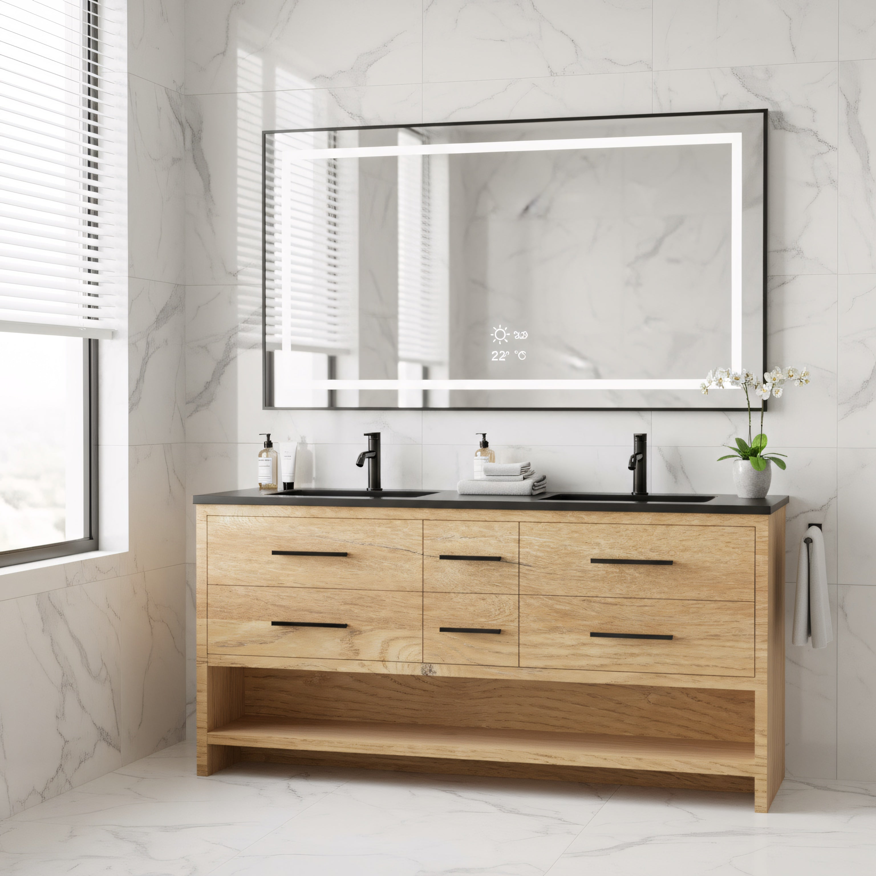Meuble-Lavabo Autoportant 72po Chêne Brut avec Comptoir de Quartz d'ingénierie Noir