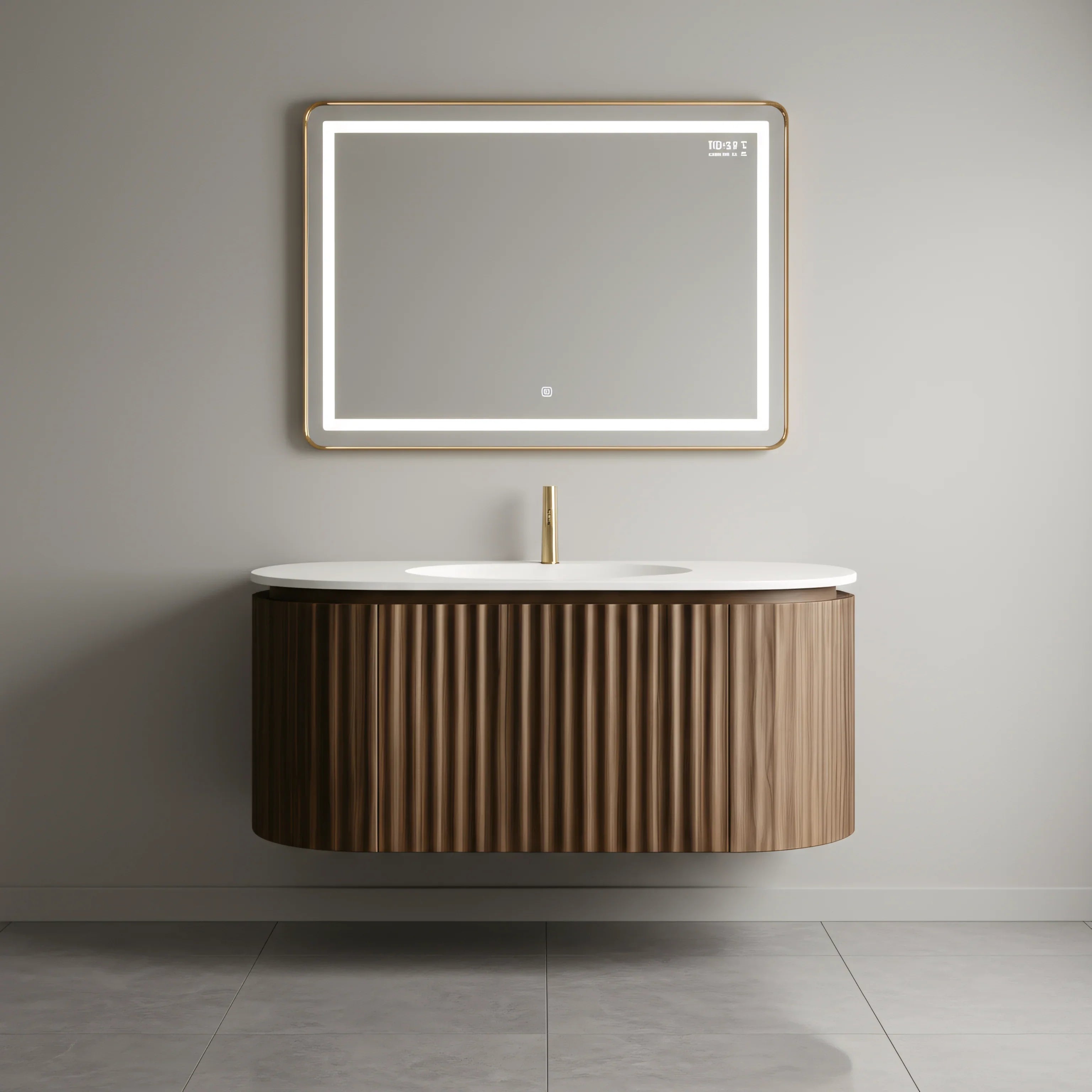 Meuble-lavabo 48 po en noyer courbé et cannelé - Comptoir blanc mat