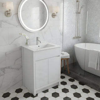 Meuble-Lavabo Autoportant 30po Chêne Blanc avec Comptoir de Céramique Blanc