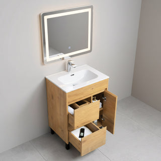 Meuble-Lavabo Autoportant 24po Chêne Givré avec Comptoir de Céramique Blanc