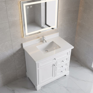 36" White Freestanding Single Sink Bathroom Vanity with Snow White Countertop