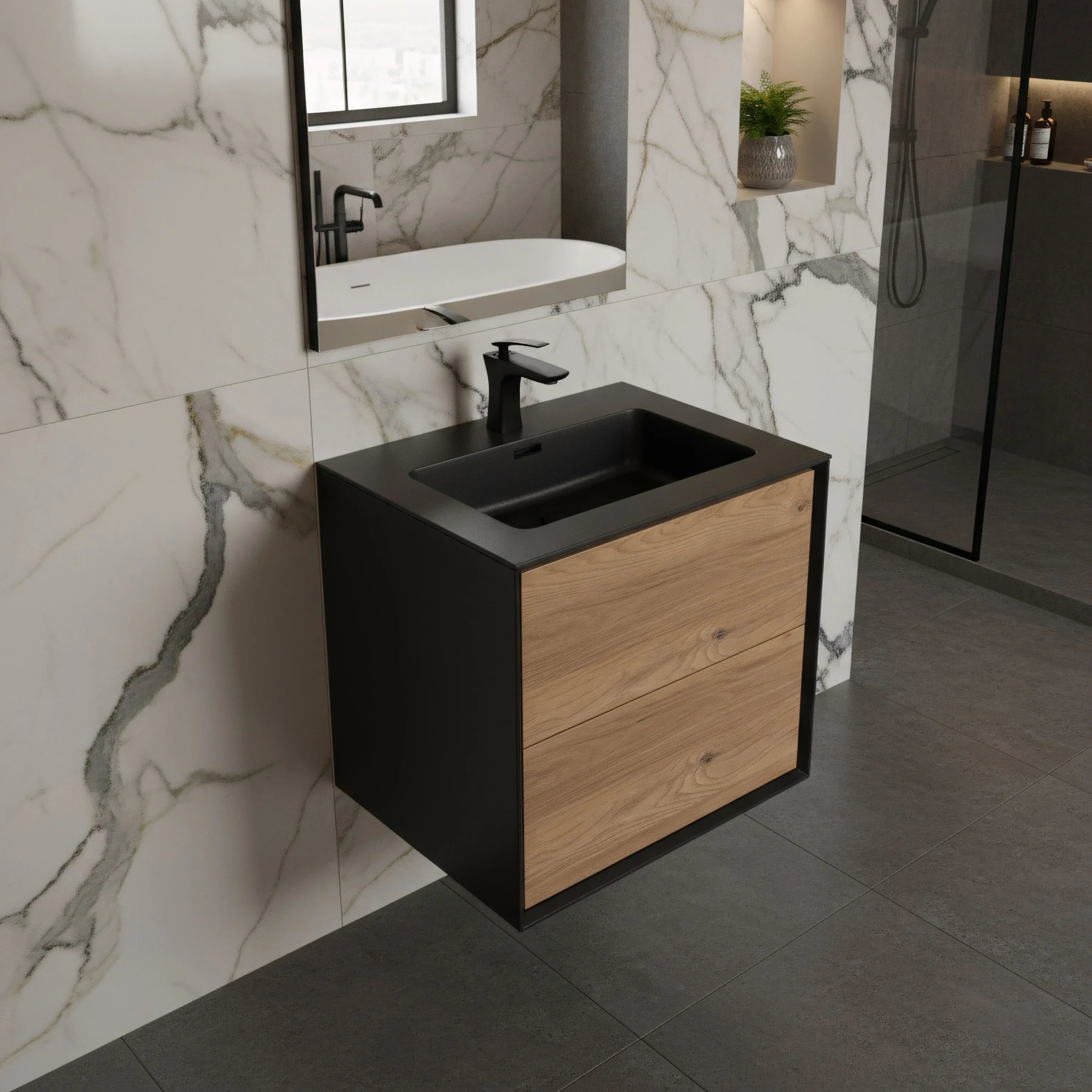 24" Black & Rough Oak Wall Mount Bathroom Vanity with Black Engineered Quartz Countertop