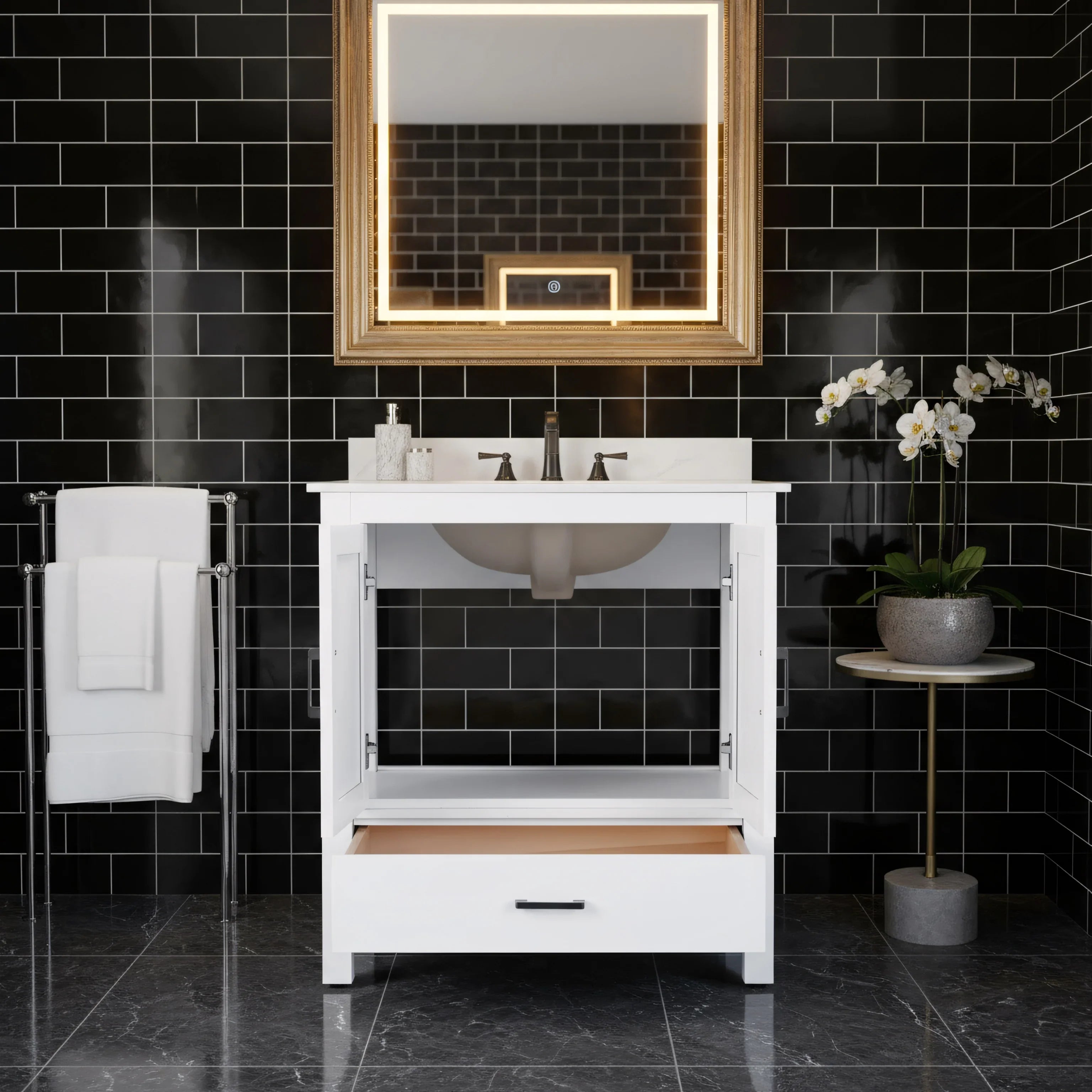30" White Freestanding Single Sink Bathroom Vanity with Engineered Calcutta Marble Countertop