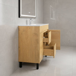 Meuble-Lavabo Autoportant 48 po Chêne Givré avec Comptoir de Céramique Blanc