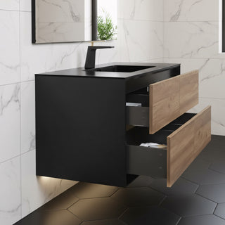 48" Black & Rough Oak Wall Mount Single Sink Bathroom Vanity with Black Engineered Quartz Countertop