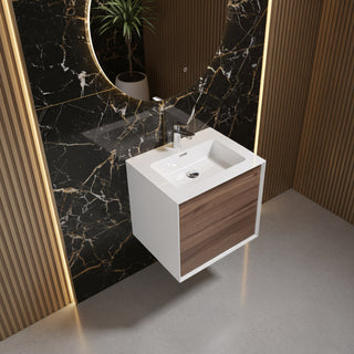 24" Walnut Wall Mount Vanity with White Polymarble Countertop